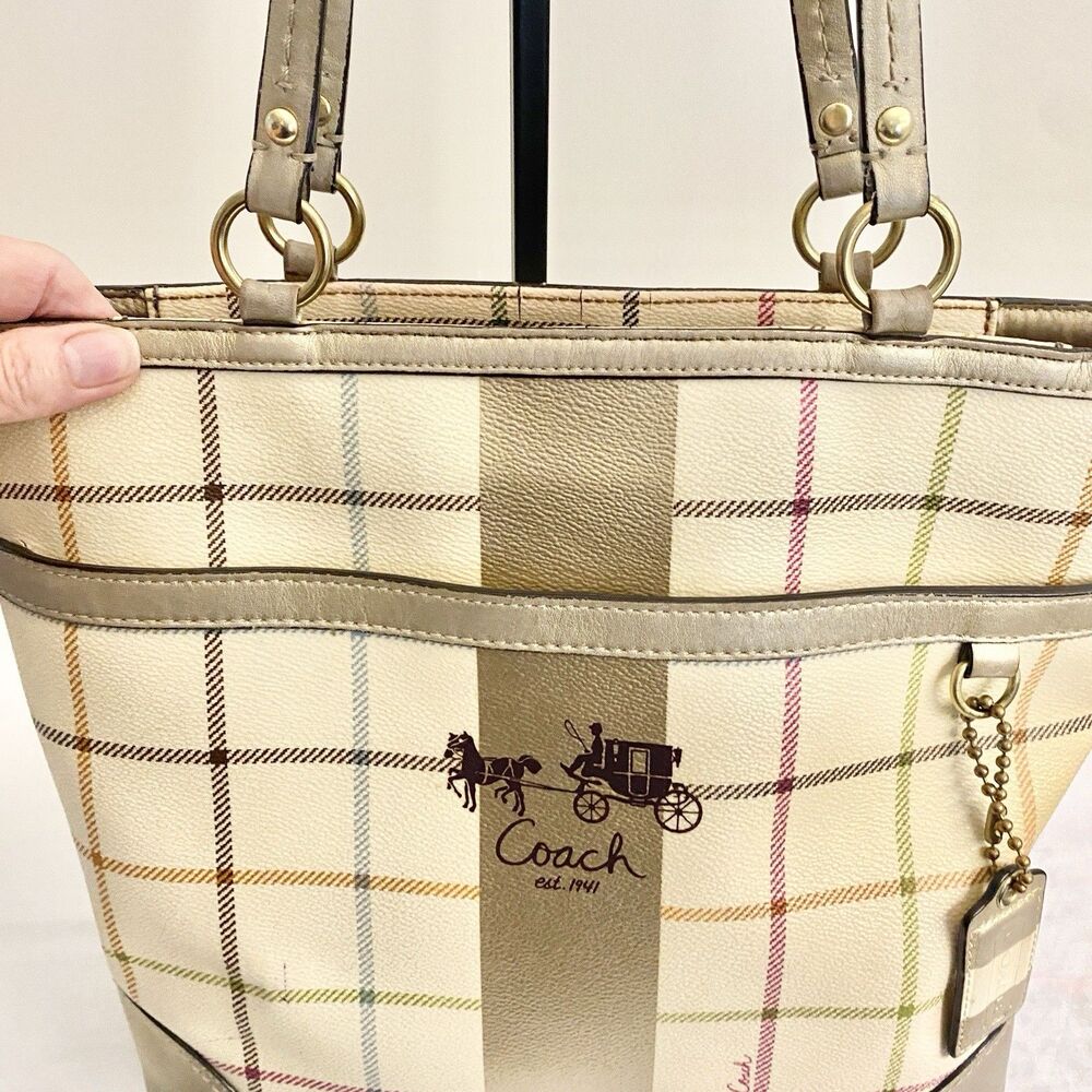 COACH Peyton Tattersall Tote Shoulder Bag Ivory With Multi Colored Stripes